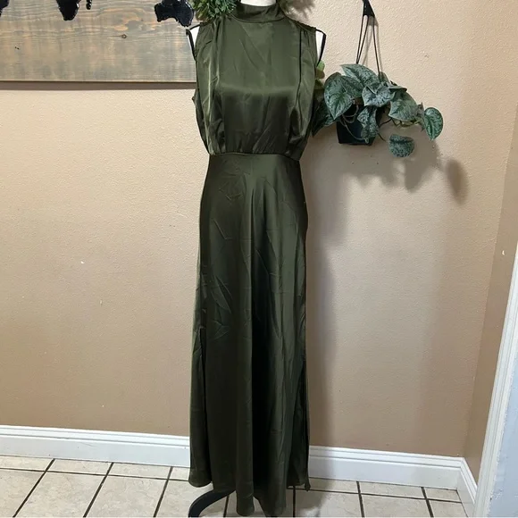Lulus Classic Elegance Olive Satin Sleeveless Mock Neck Maxi Dress - Picture 2 of 8